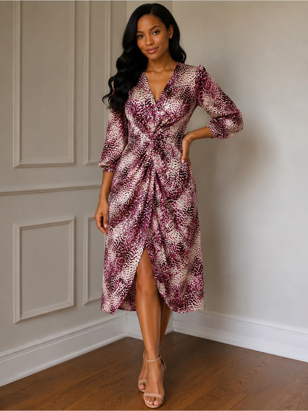 Express Berry-Print Twist-Front Midi Dress